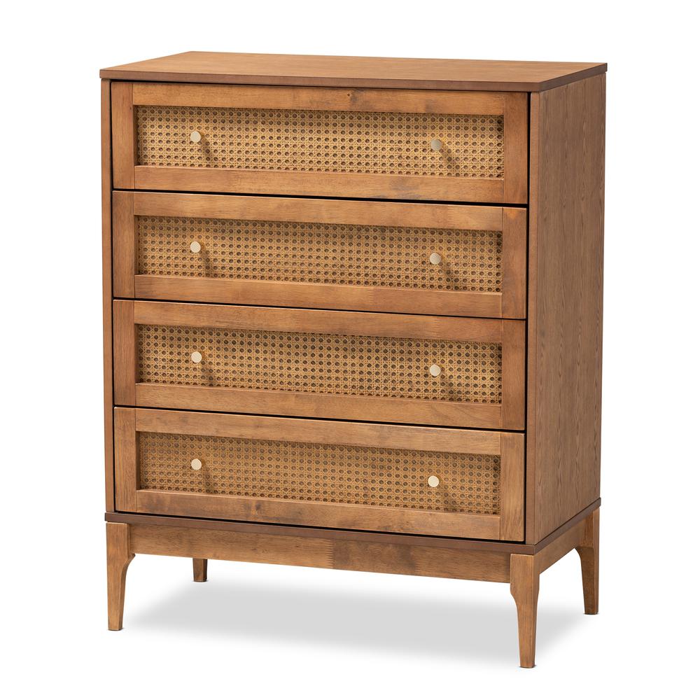 Ramiel Mid-Century Modern Ash Walnut Finished Wood and Rattan 4-Drawer Chest. Picture 11