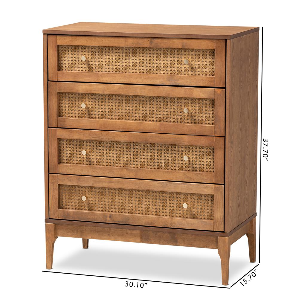 Ramiel Mid-Century Modern Ash Walnut Finished Wood and Rattan 4-Drawer Chest. Picture 20