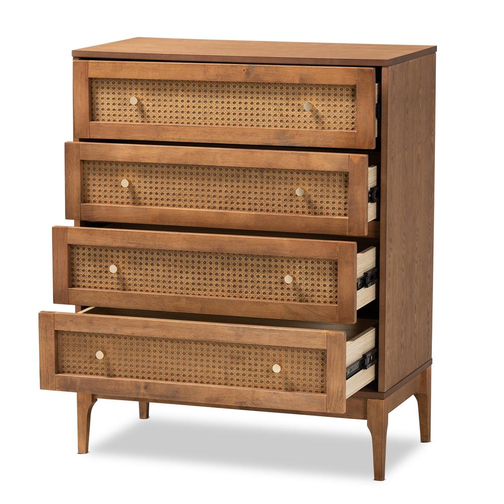 Ramiel Mid-Century Modern Ash Walnut Finished Wood and Rattan 4-Drawer Chest. Picture 12