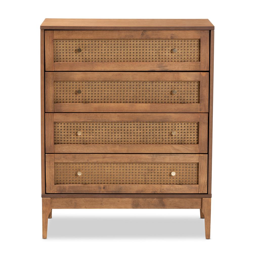 Ramiel Mid-Century Modern Ash Walnut Finished Wood and Rattan 4-Drawer Chest. Picture 13