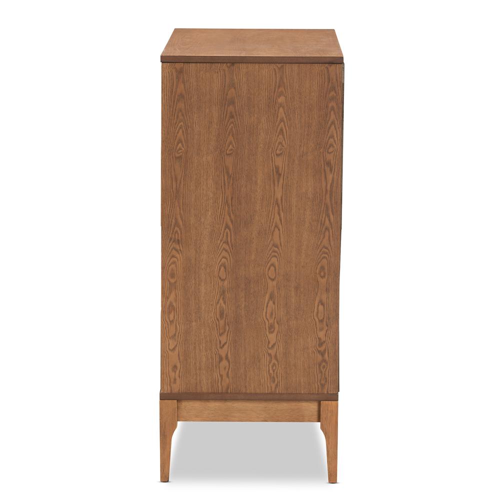 Ramiel Mid-Century Modern Ash Walnut Finished Wood and Rattan 4-Drawer Chest. Picture 14