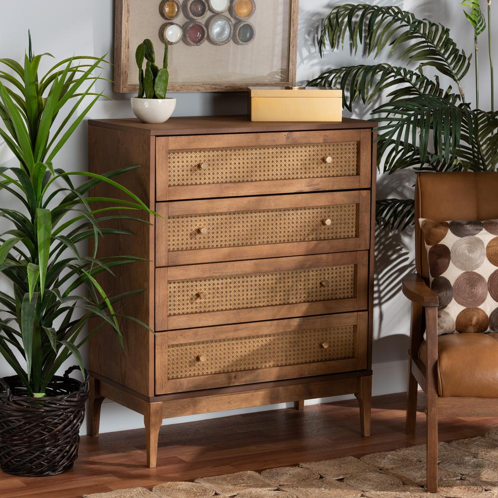 Ramiel Mid-Century Modern Ash Walnut Finished Wood and Rattan 4-Drawer Chest. Picture 18