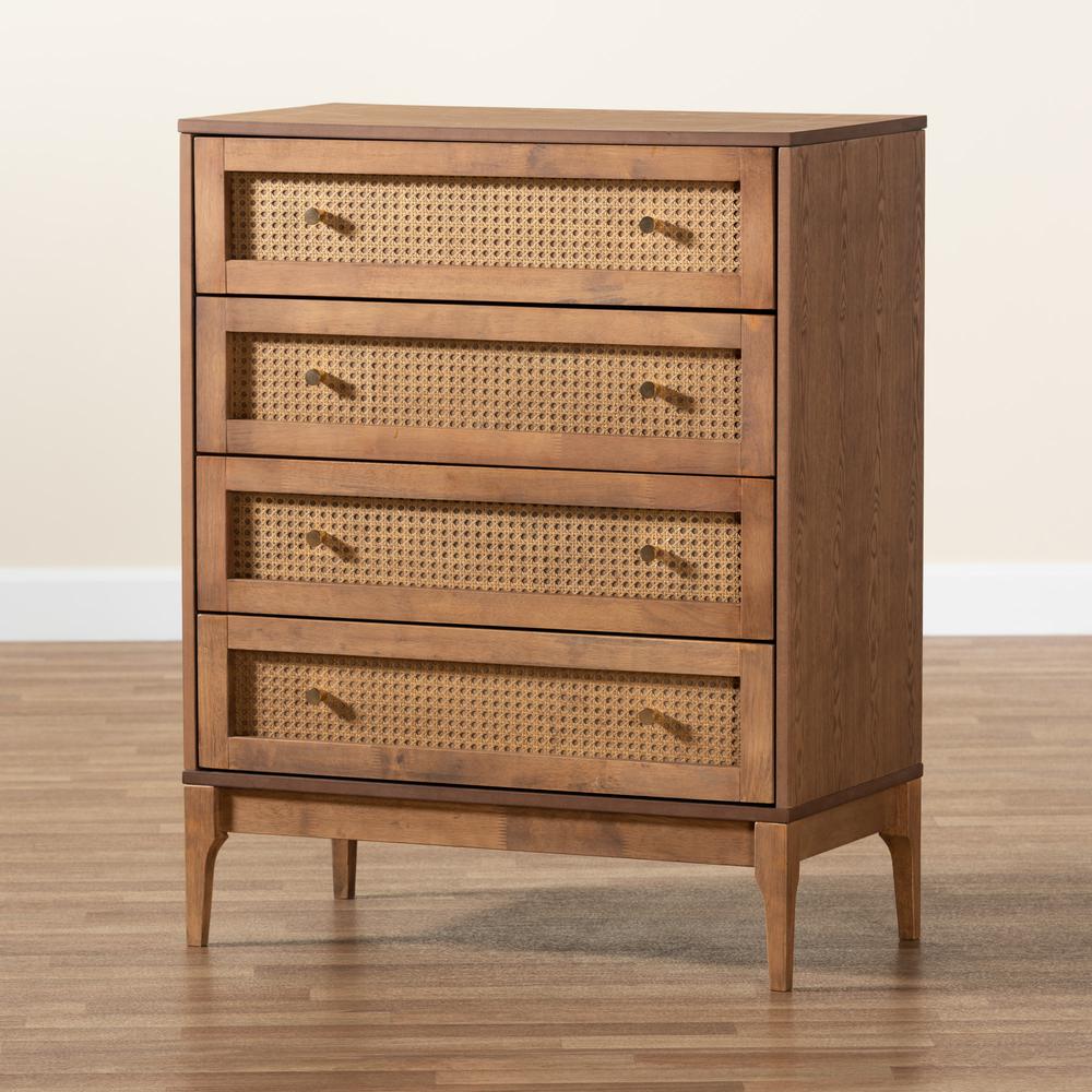 Ramiel Mid-Century Modern Ash Walnut Finished Wood and Rattan 4-Drawer Chest. Picture 19