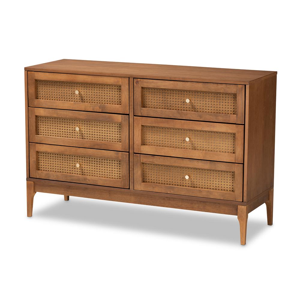 Ramiel Mid-Century Modern Ash Walnut Finished Wood and Rattan 6-Drawer Dresser. Picture 11