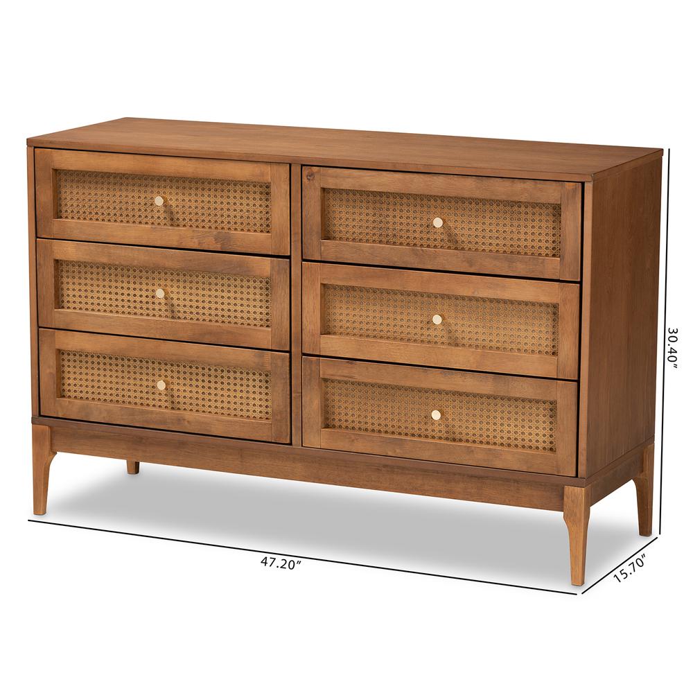 Ramiel Mid-Century Modern Ash Walnut Finished Wood and Rattan 6-Drawer Dresser. Picture 20