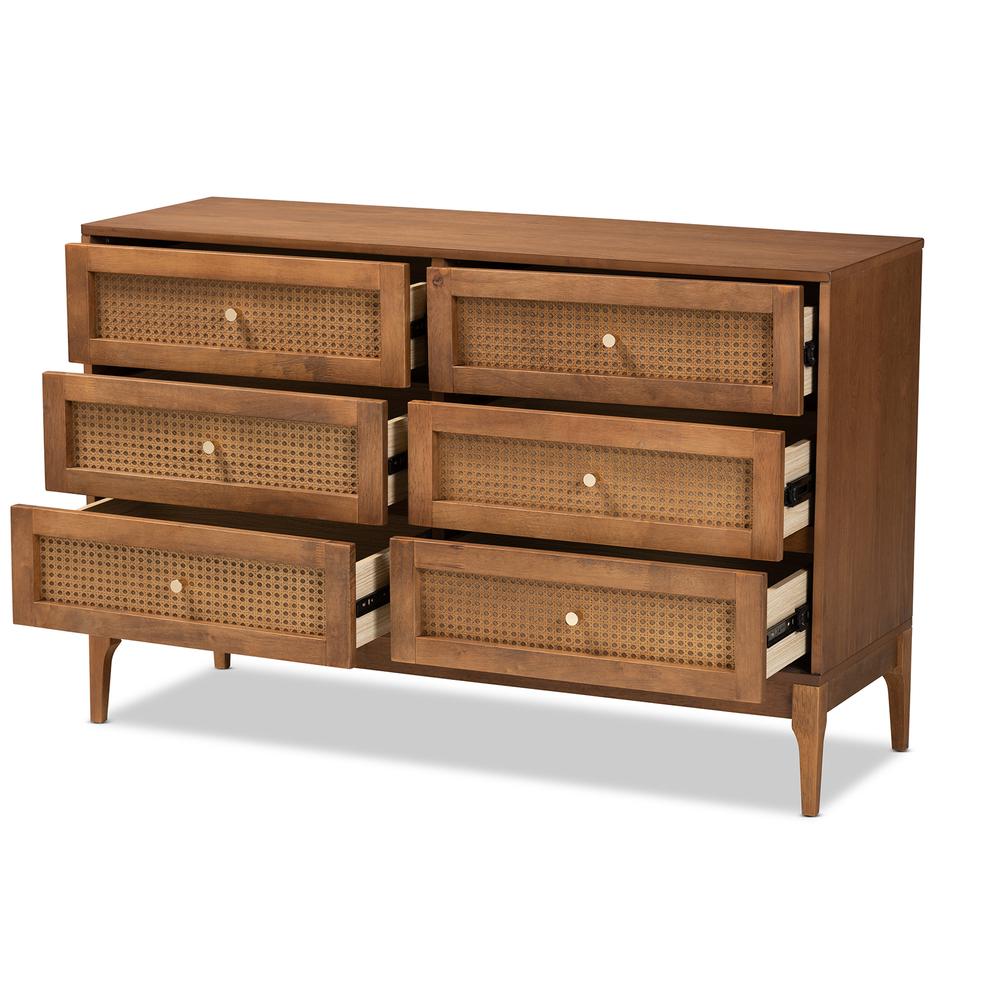 Ramiel Mid-Century Modern Ash Walnut Finished Wood and Rattan 6-Drawer Dresser. Picture 12