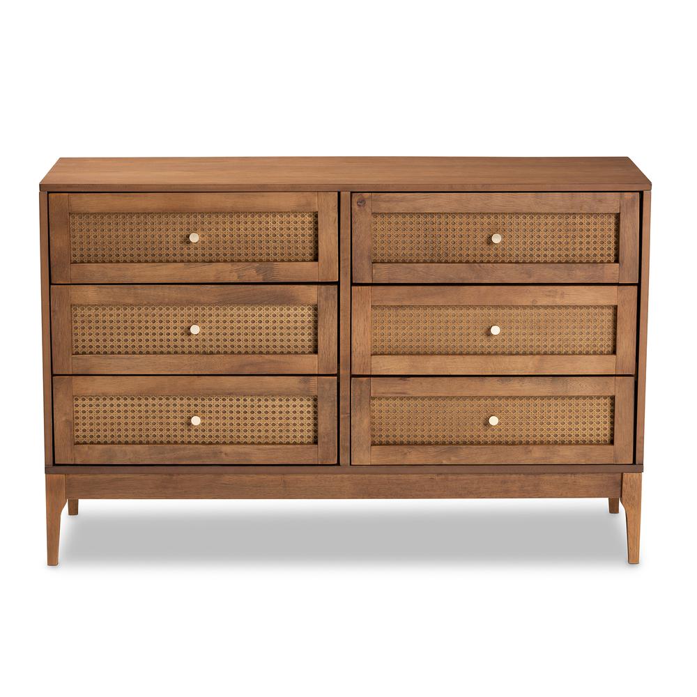 Ramiel Mid-Century Modern Ash Walnut Finished Wood and Rattan 6-Drawer Dresser. Picture 13