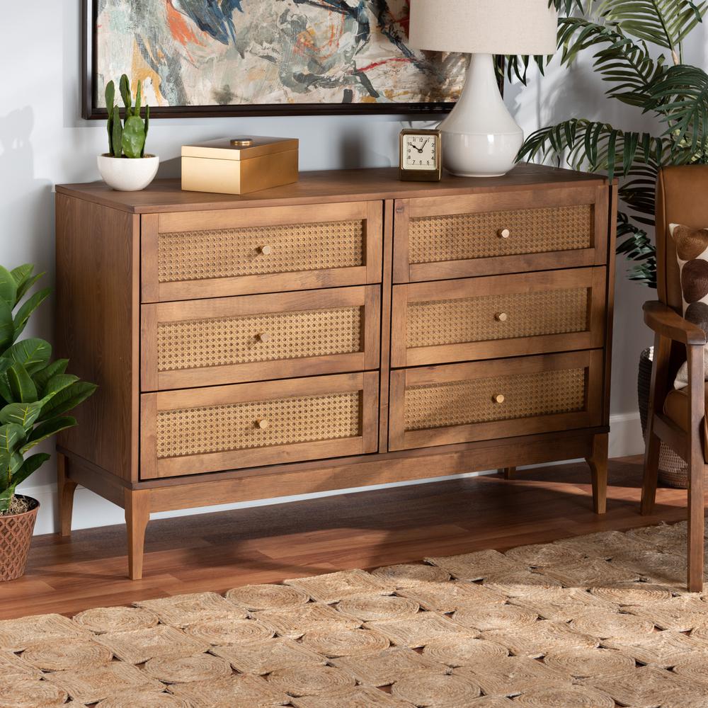 Ramiel Mid-Century Modern Ash Walnut Finished Wood and Rattan 6-Drawer Dresser. Picture 18