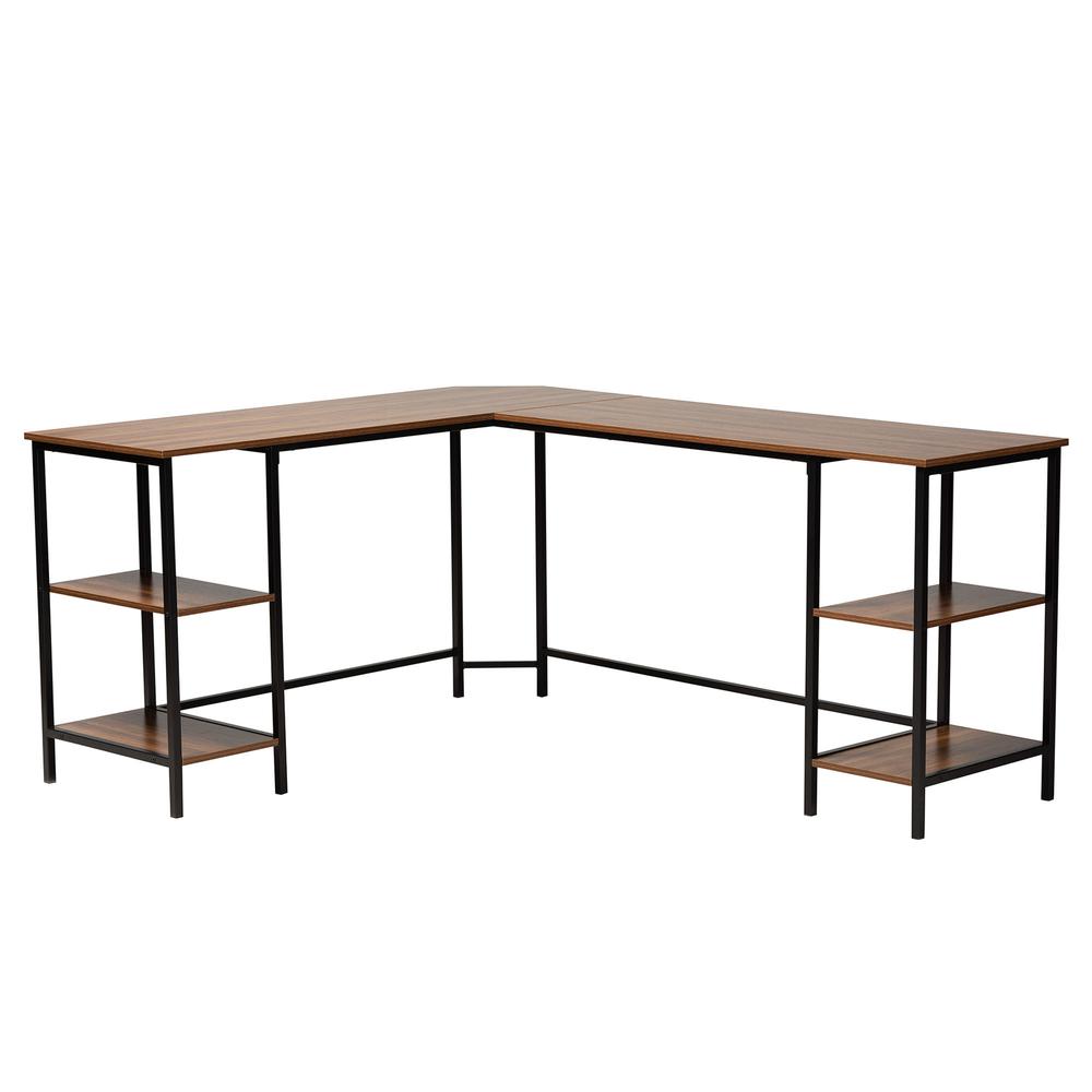 Walnut Brown Finished Wood and Black Metal L-Shaped Corner Desk with Shelves. Picture 11