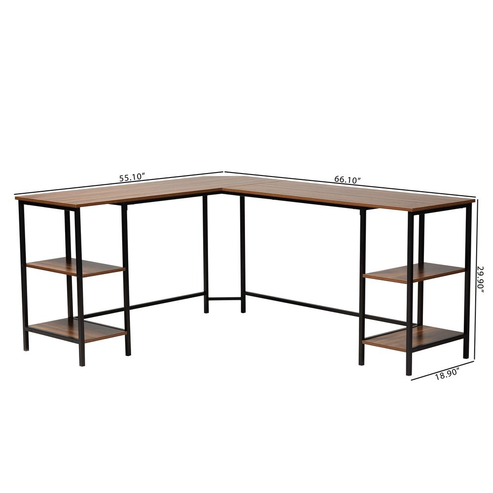 Walnut Brown Finished Wood and Black Metal L-Shaped Corner Desk with Shelves. Picture 20