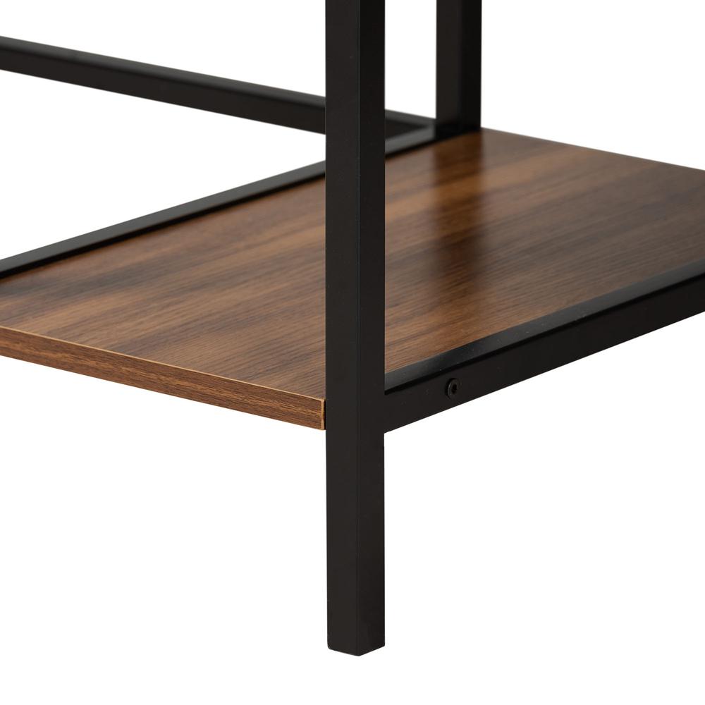 Walnut Brown Finished Wood and Black Metal L-Shaped Corner Desk with Shelves. Picture 16