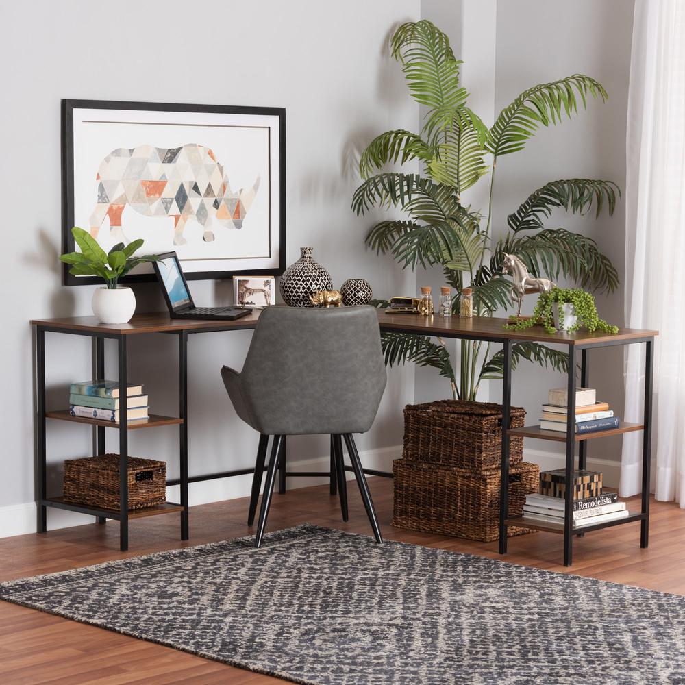 Walnut Brown Finished Wood and Black Metal L-Shaped Corner Desk with Shelves. Picture 18