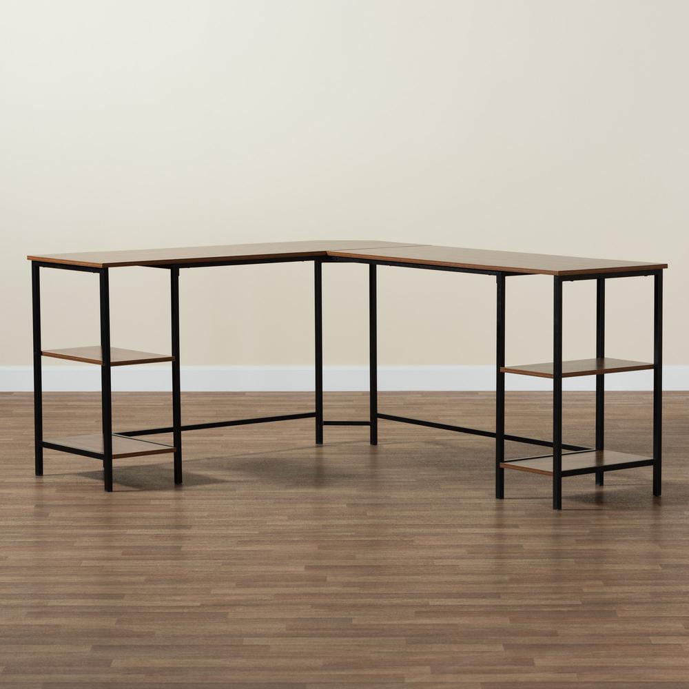 Walnut Brown Finished Wood and Black Metal L-Shaped Corner Desk with Shelves. Picture 19