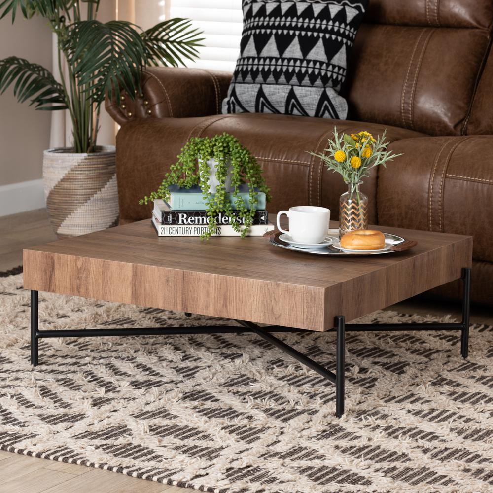 Savion Modern Industrial Walnut Brown Finished Wood and Black Metal Coffee Table. Picture 12
