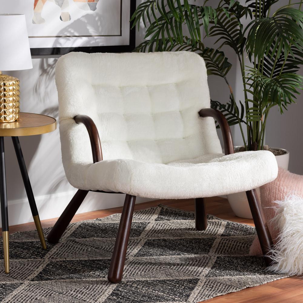 White Sherpa Upholstered and Walnut Brown Finished Wood Accent Chair. Picture 18