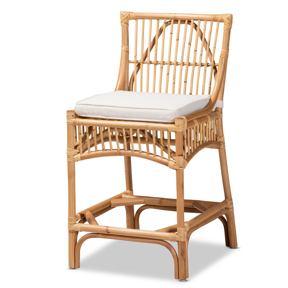 Bohemian White Fabric Upholstered and Natural Brown Rattan Counter Stool. Picture 11