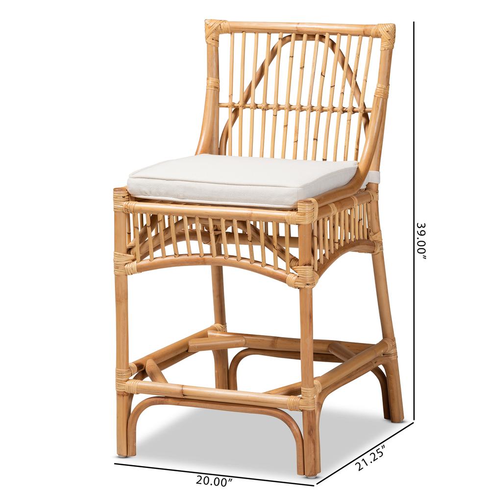 Bohemian White Fabric Upholstered and Natural Brown Rattan Counter Stool. Picture 20