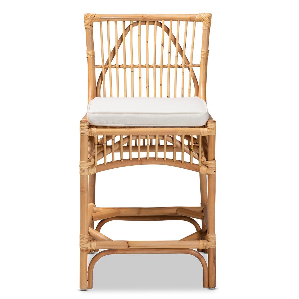Bohemian White Fabric Upholstered and Natural Brown Rattan Counter Stool. Picture 12