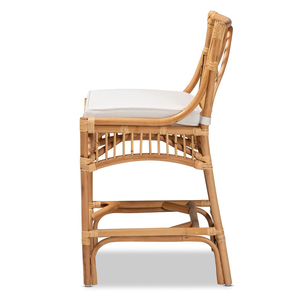 Bohemian White Fabric Upholstered and Natural Brown Rattan Counter Stool. Picture 13