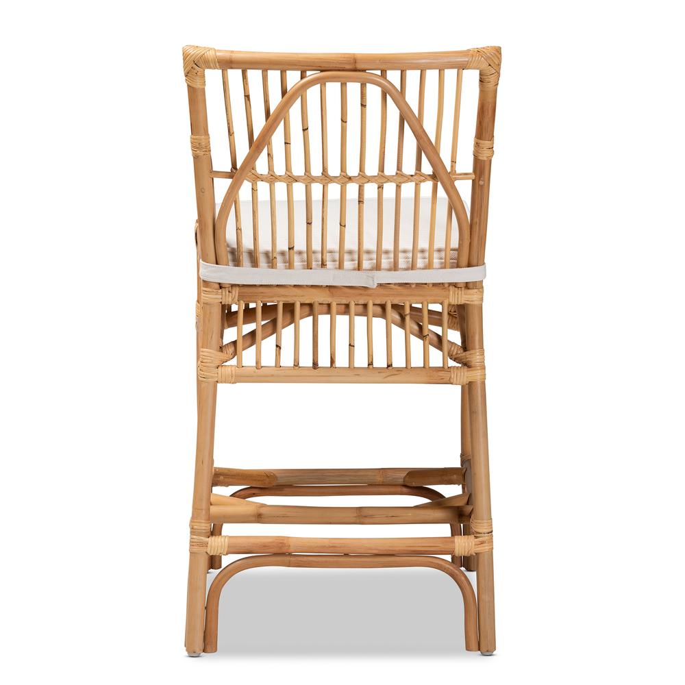 Bohemian White Fabric Upholstered and Natural Brown Rattan Counter Stool. Picture 14