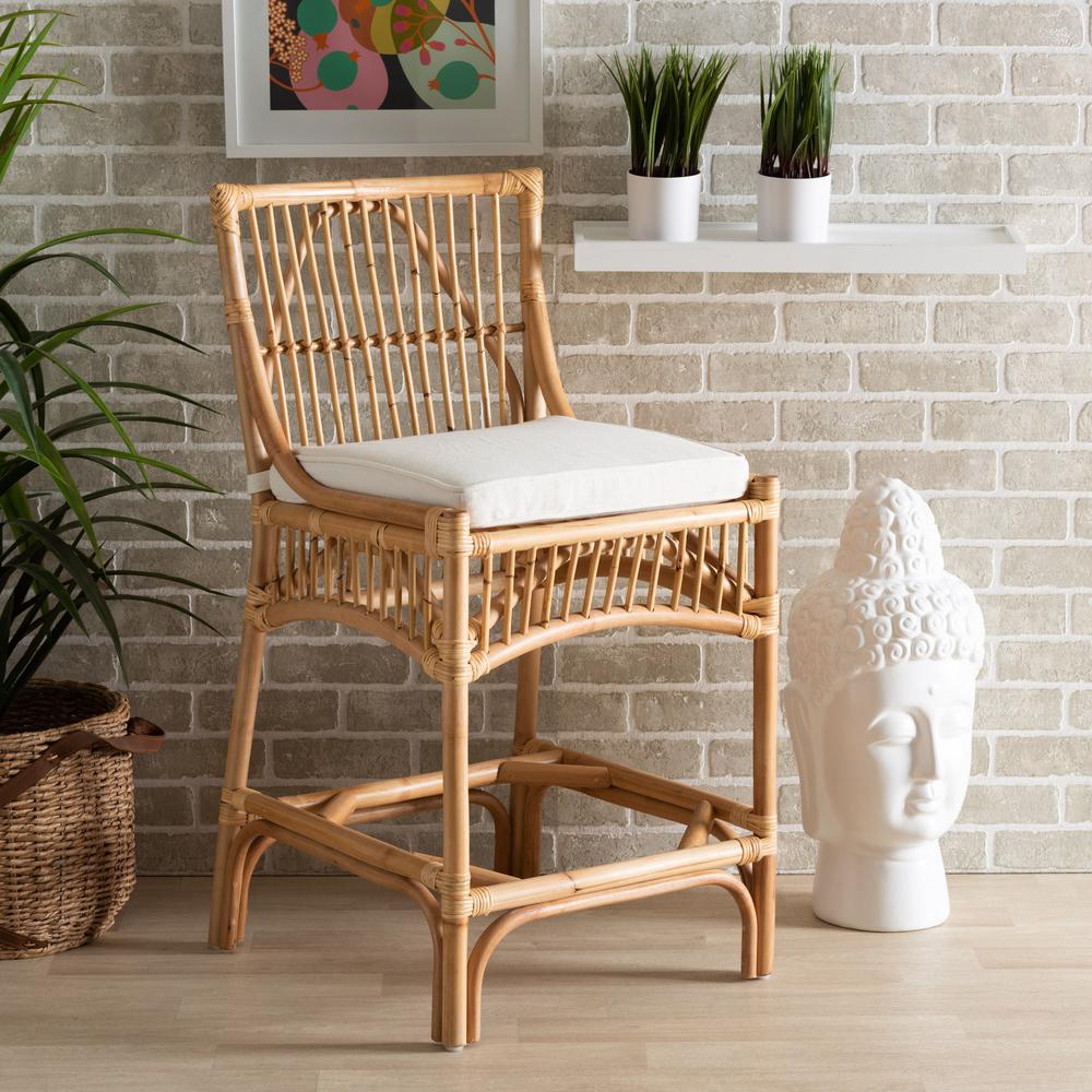 Bohemian White Fabric Upholstered and Natural Brown Rattan Counter Stool. Picture 18