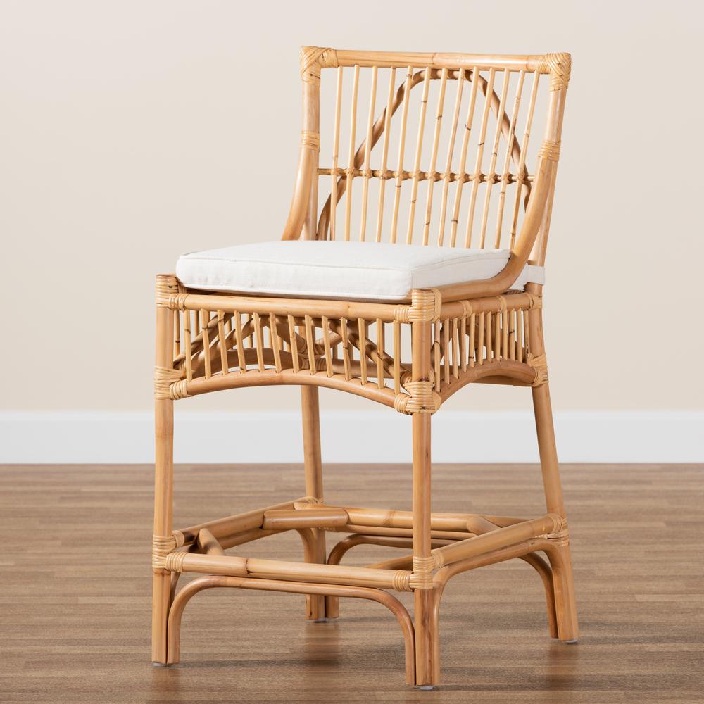 Bohemian White Fabric Upholstered and Natural Brown Rattan Counter Stool. Picture 19