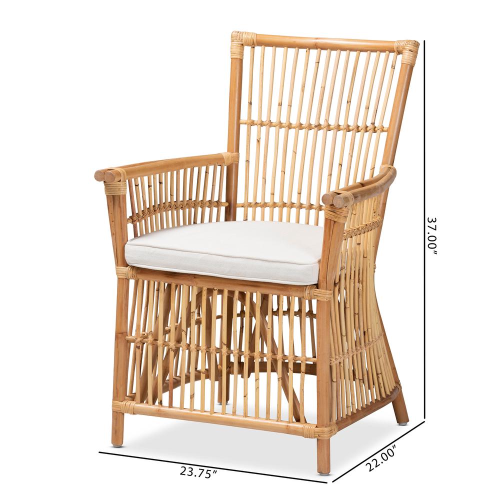 Bohemian White Fabric Upholstered and Natural Brown Rattan Armchair. Picture 20