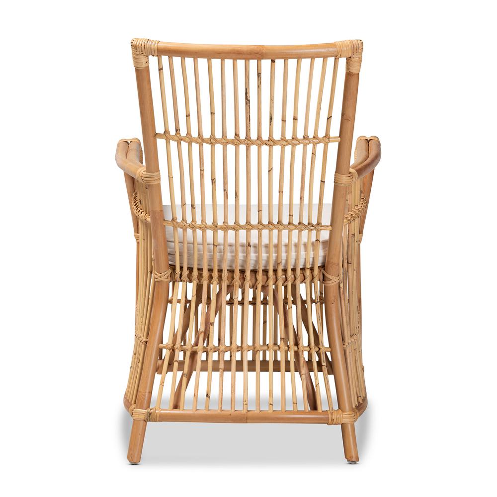 Bohemian White Fabric Upholstered and Natural Brown Rattan Armchair. Picture 14