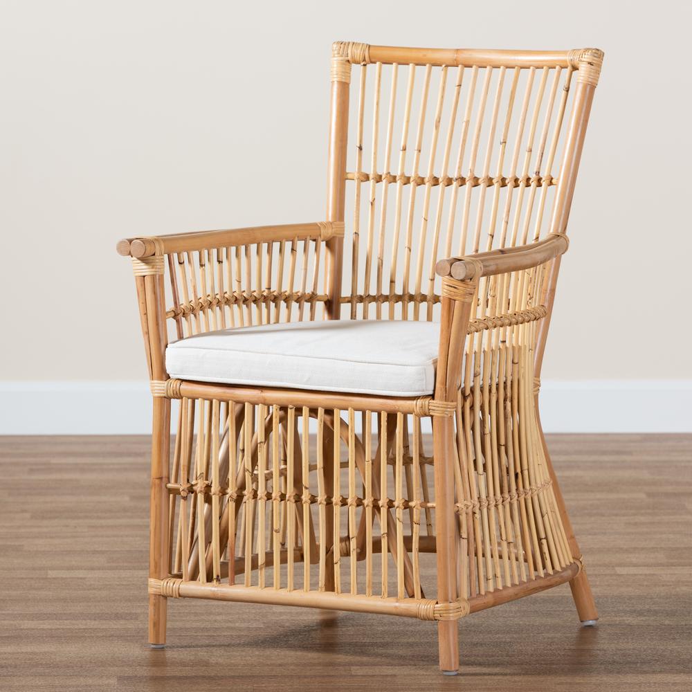 Bohemian White Fabric Upholstered and Natural Brown Rattan Armchair. Picture 19