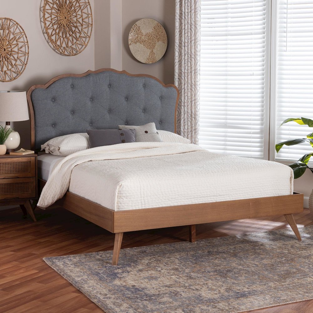 Aithan Platform Bed - Mid-Century Modern Bed with Upholstered Headboard, Queen. Picture 6