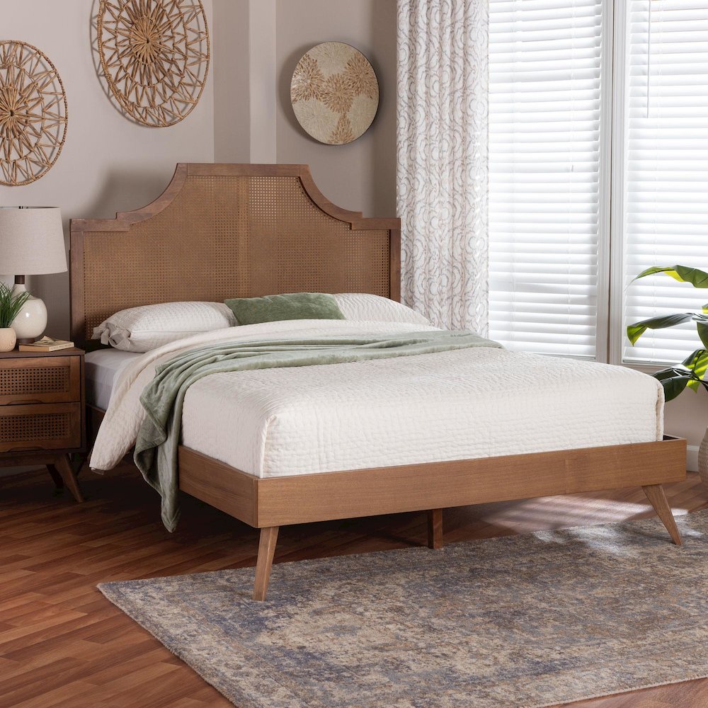 Rodolfo Platform Bed - Mid-Century Modern Bed with Woven Rattan Headboard, Queen. Picture 6