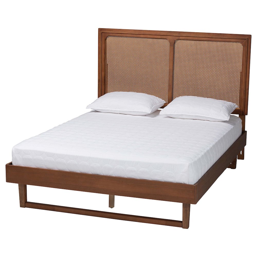 Rondell Mid-Century Modern Ash Walnut Woven Rattan Queen Size Bed. Picture 12