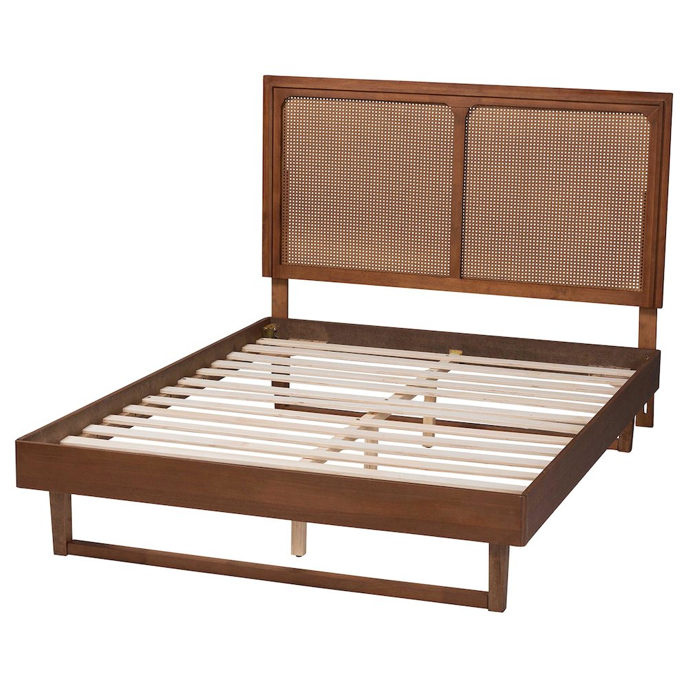 Rondell Mid-Century Modern Ash Walnut Woven Rattan Queen Size Bed. Picture 14