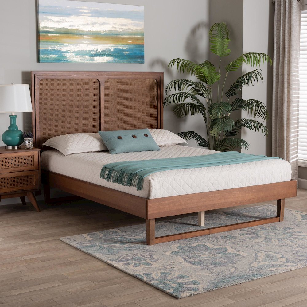 Rondell Mid-Century Modern Ash Walnut Woven Rattan Queen Size Bed. Picture 18
