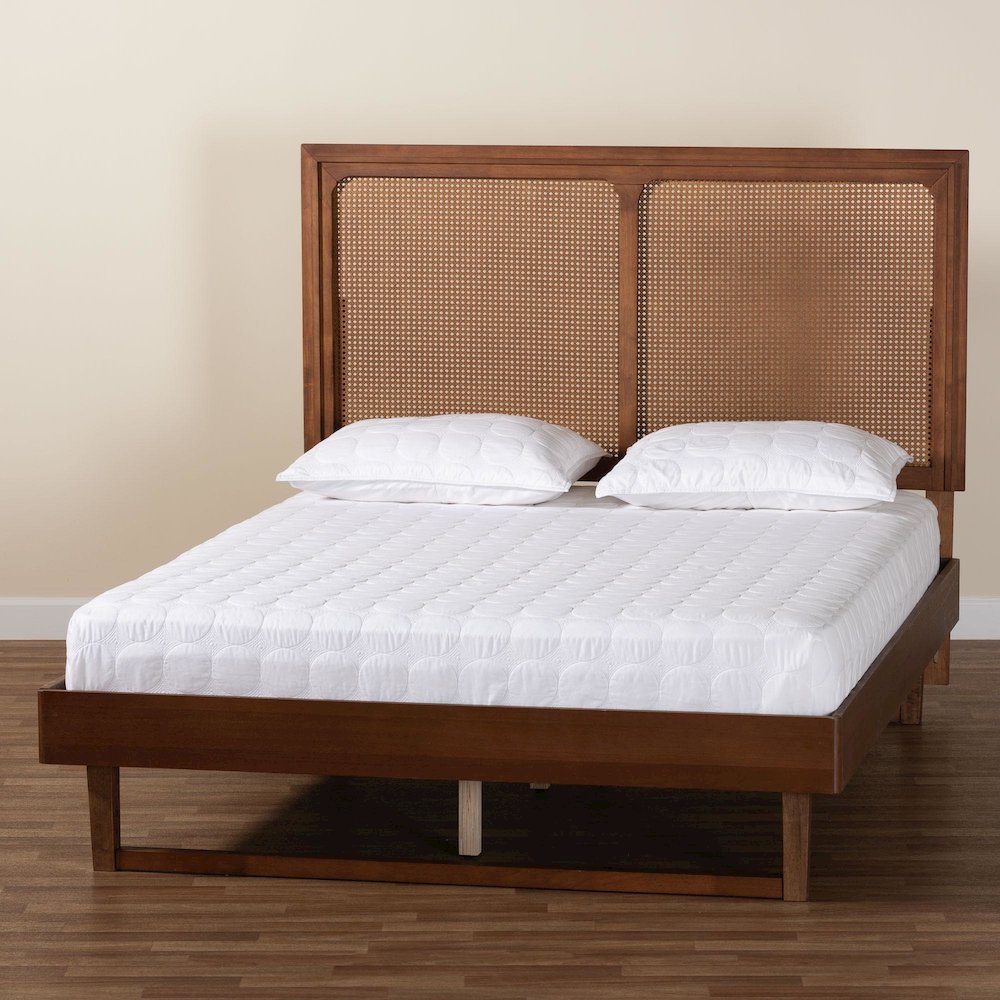 Rondell Mid-Century Modern Ash Walnut Woven Rattan Queen Size Bed. Picture 19