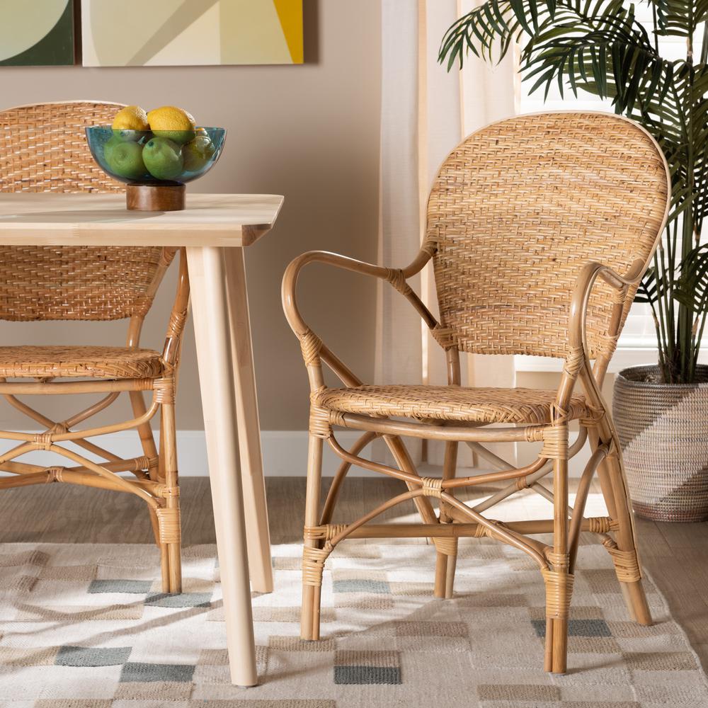 bali & pari Genna Modern Bohemian Natural Brown Finished Rattan Dining Chair. Picture 18