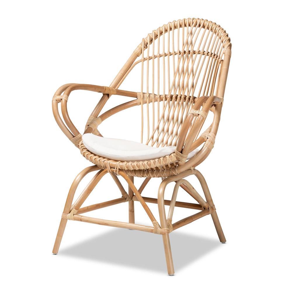 Bohemian White Fabric Upholstered and Natural Brown Finished Rattan Accent Chair. Picture 11