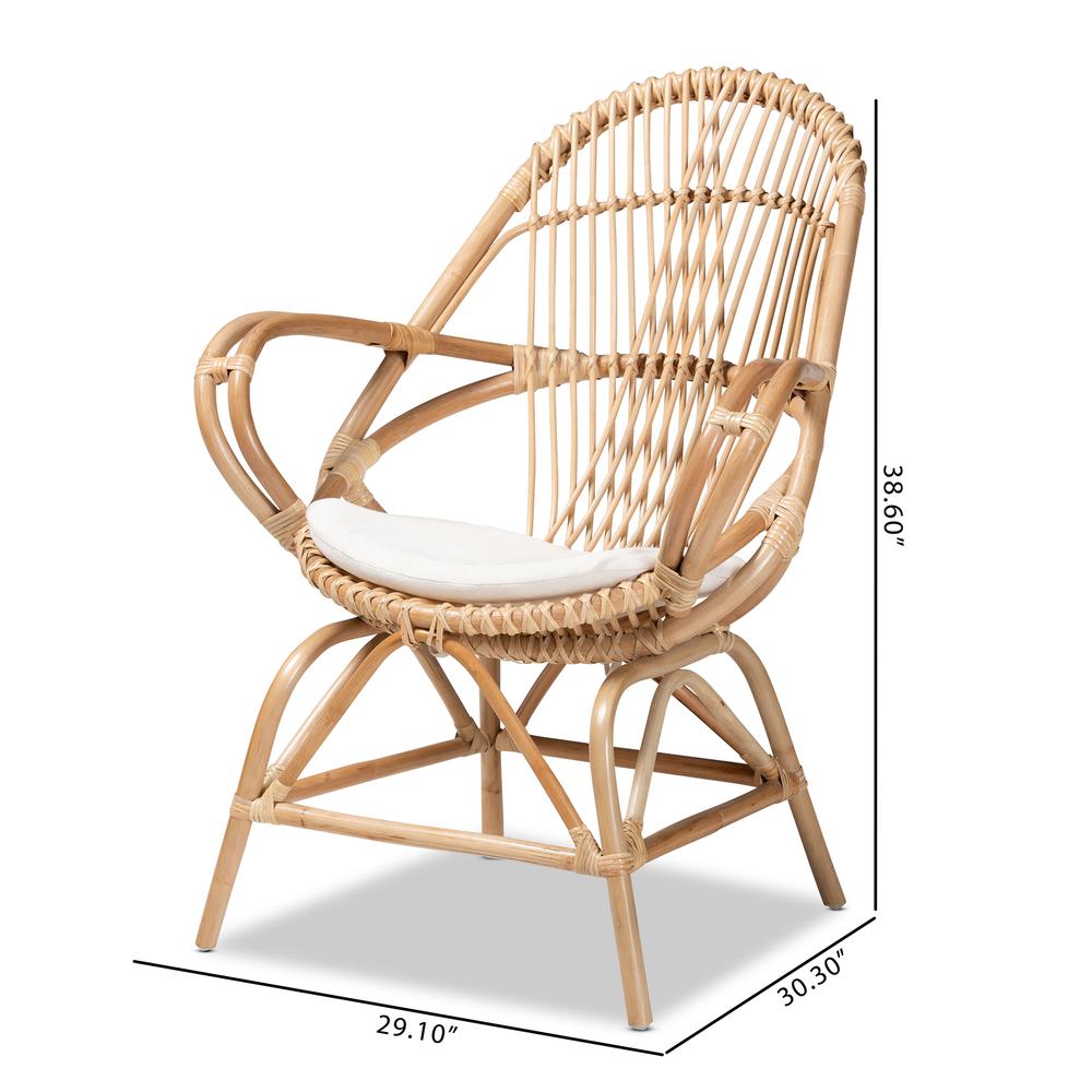 Bohemian White Fabric Upholstered and Natural Brown Finished Rattan Accent Chair. Picture 20
