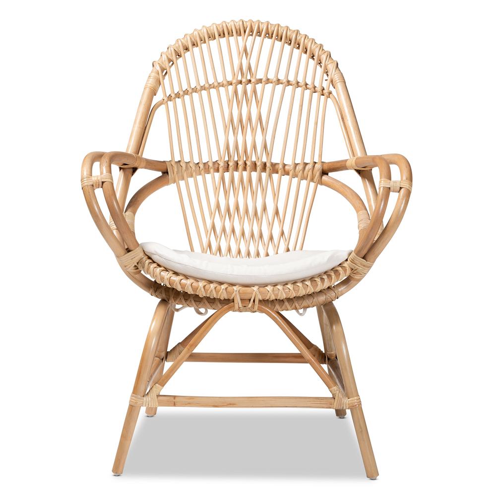 Bohemian White Fabric Upholstered and Natural Brown Finished Rattan Accent Chair. Picture 12