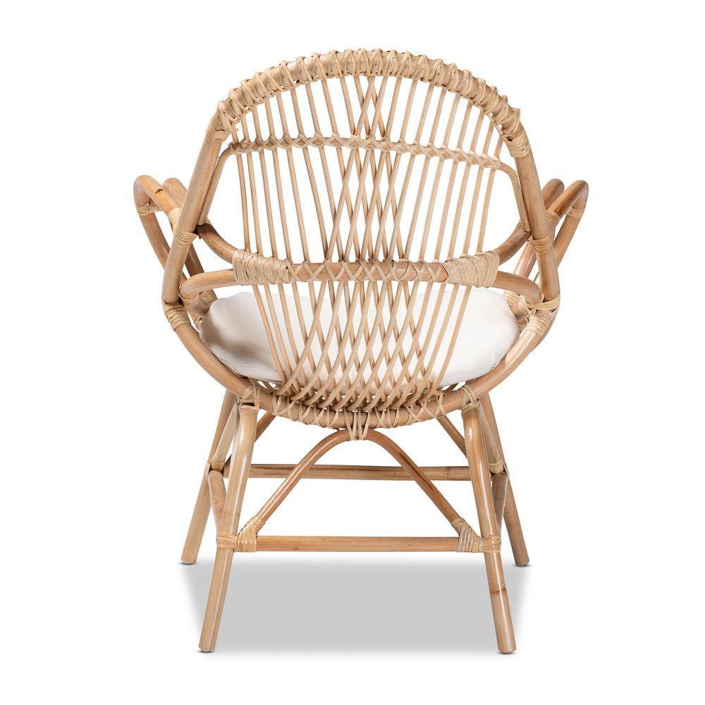 Bohemian White Fabric Upholstered and Natural Brown Finished Rattan Accent Chair. Picture 14