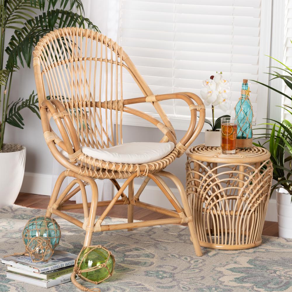 Bohemian White Fabric Upholstered and Natural Brown Finished Rattan Accent Chair. Picture 18