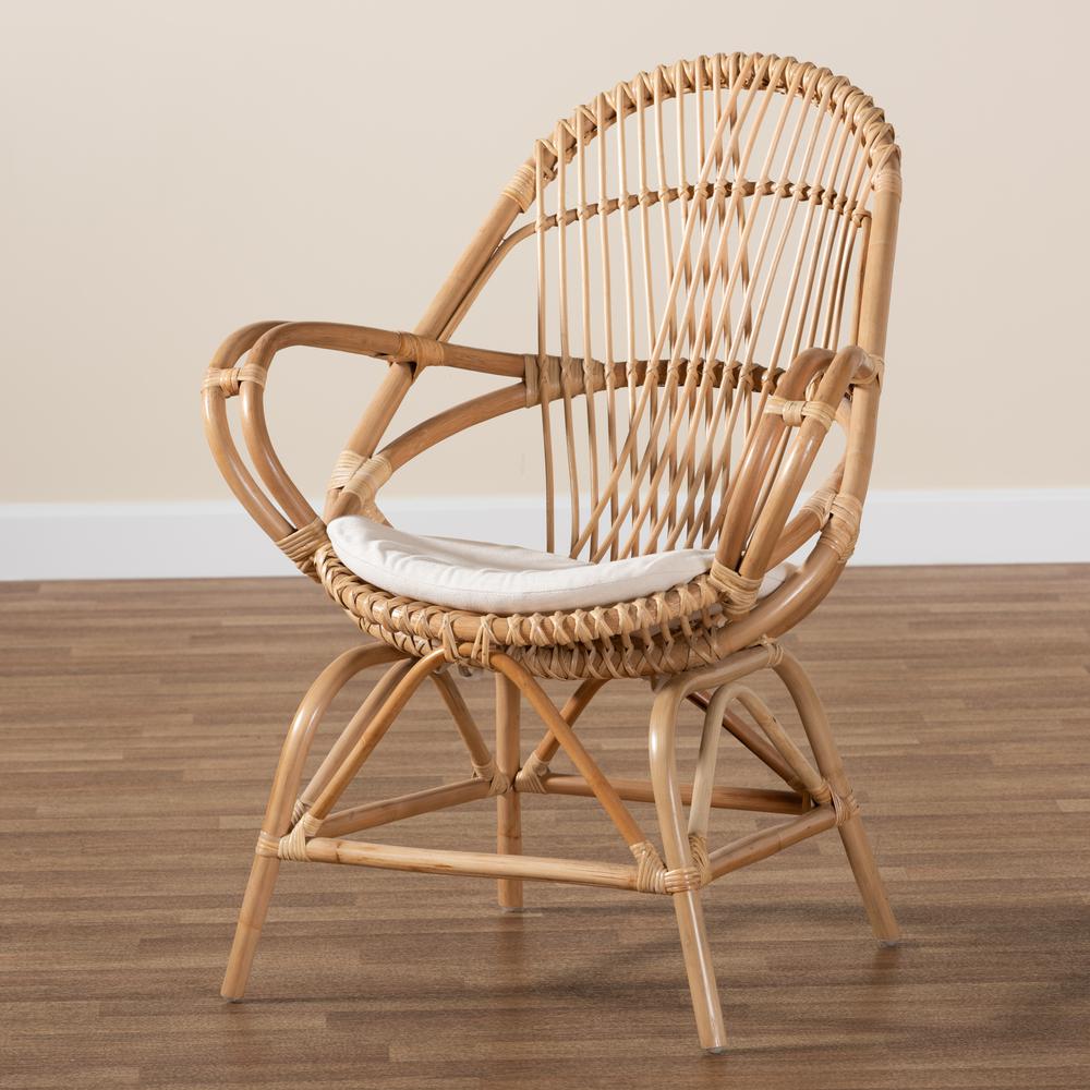 Bohemian White Fabric Upholstered and Natural Brown Finished Rattan Accent Chair. Picture 19