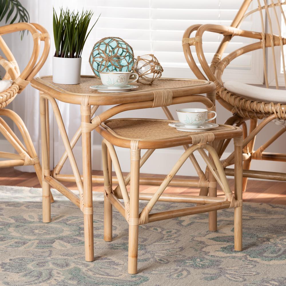 Bohemian Natural Brown Finished Rattan 2-Piece End Table Set. Picture 14