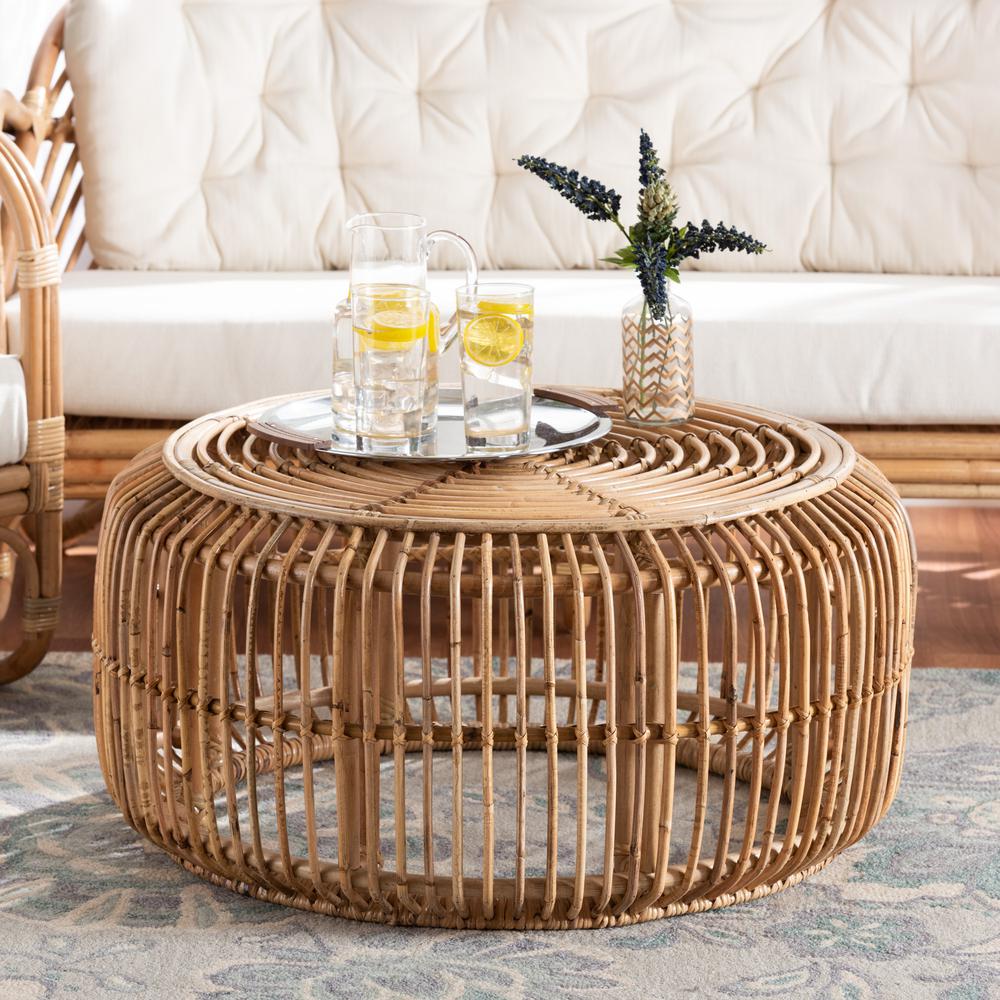 bali & pari Aliane Modern Bohemian Natural Brown Antique Rattan Coffee Table. Picture 12