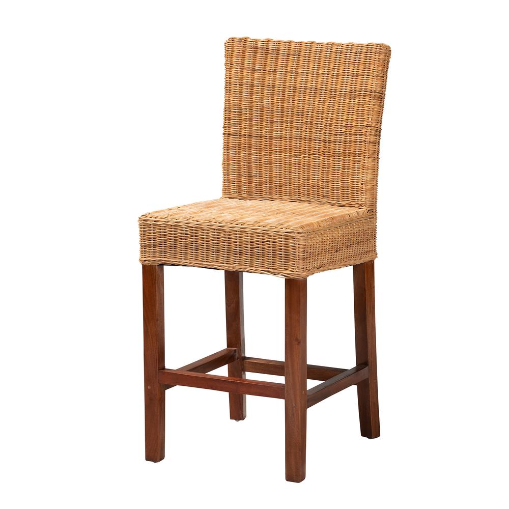 Bohemian Natural Rattan and Mahogany Wood Counter Stool. Picture 11