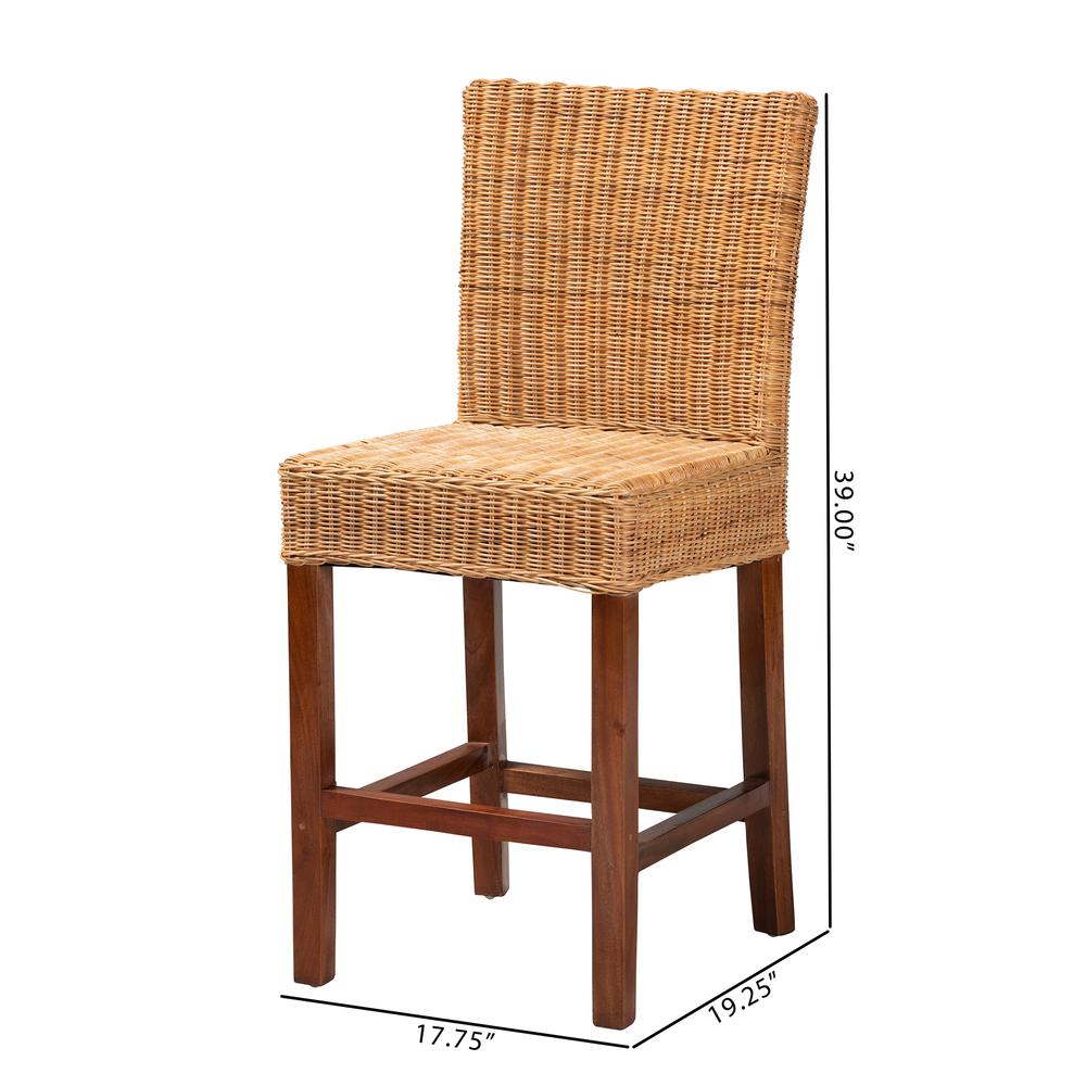 Bohemian Natural Rattan and Mahogany Wood Counter Stool. Picture 20
