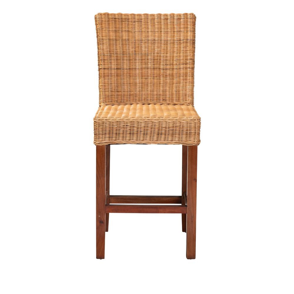 Bohemian Natural Rattan and Mahogany Wood Counter Stool. Picture 12