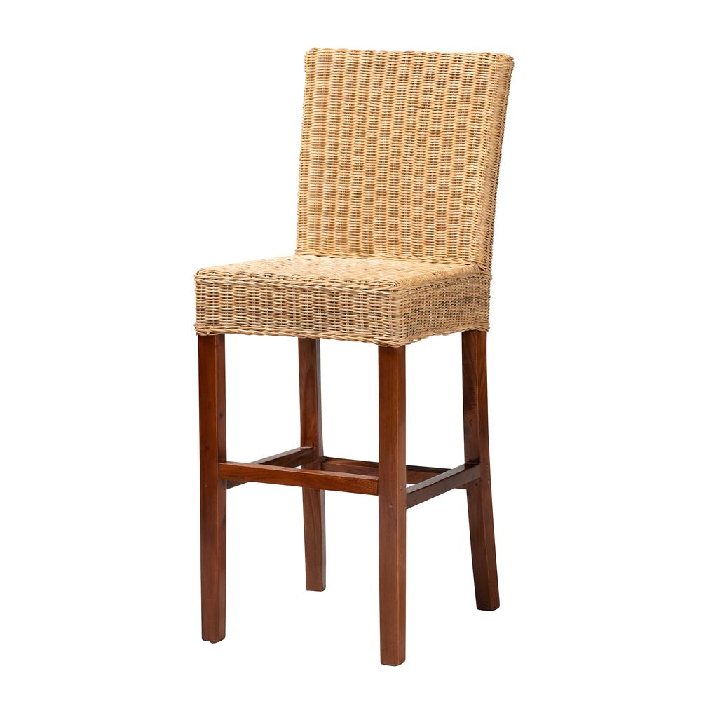 bali & pari Racquel Modern Bohemian Natural Rattan and Mahogany Wood Bar Stool. Picture 11