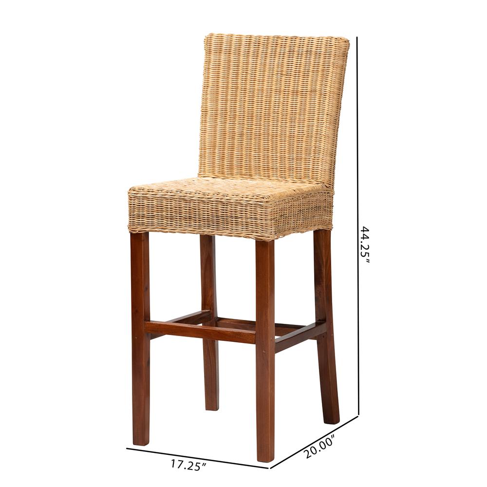bali & pari Racquel Modern Bohemian Natural Rattan and Mahogany Wood Bar Stool. Picture 20