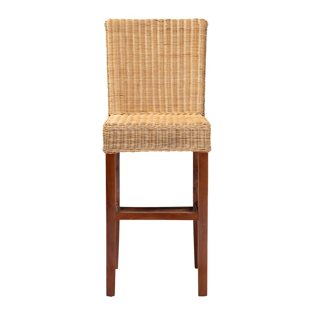 bali & pari Racquel Modern Bohemian Natural Rattan and Mahogany Wood Bar Stool. Picture 12